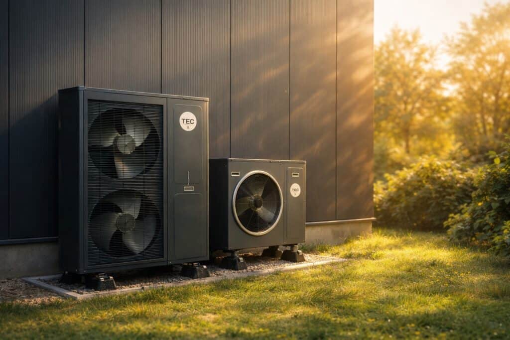 TEC warmtepompen bij een woning, strak geplaatst en omgeven door groen.