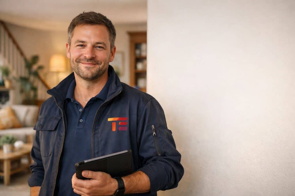 Vriendelijke TEC-installateur met tablet in een woning, klaar om je vraag te beantwoorden.