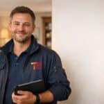 Vriendelijke TEC-installateur met tablet in een woning, klaar om je vraag te beantwoorden.