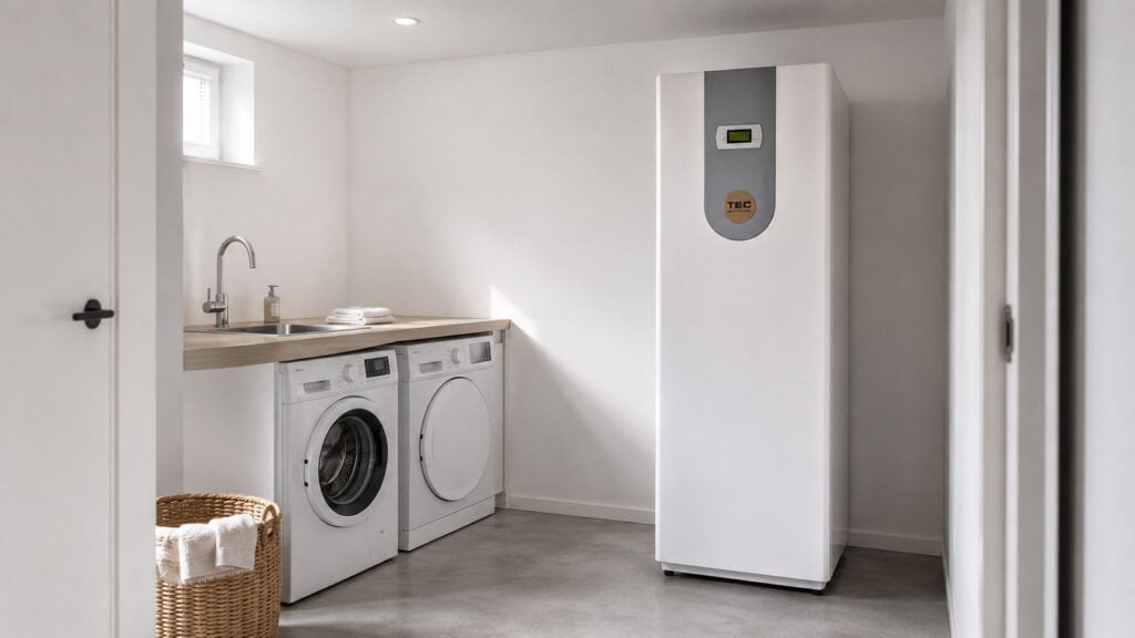 TEC QRS11 binnenunit warmtepomp met geïntegreerd warmwater in technische ruimte