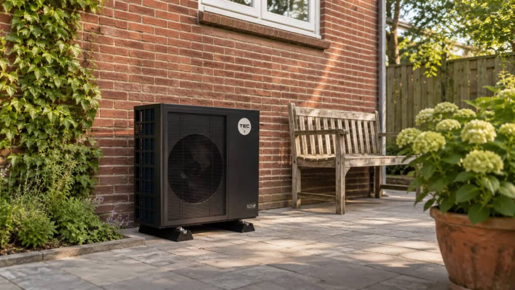 TEC HS10 - 10 kW hybride warmtepomp in Nederlandse achtertuin, met R290 buitenunit op trillingsdempers tegen bakstenen muur