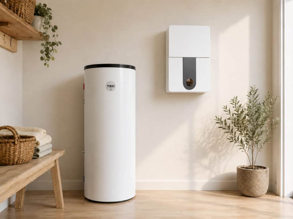 TEC RS07 all-electric warmtepomp met TEC-tapwaterboiler in Nederlandse bijkeuken