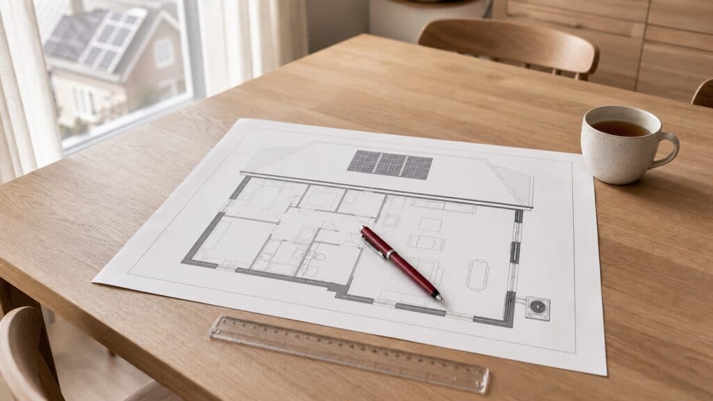 Plattegrond met warmtepomp, zonnepanelen en isolatie als energieplan voor een Nederlandse woning