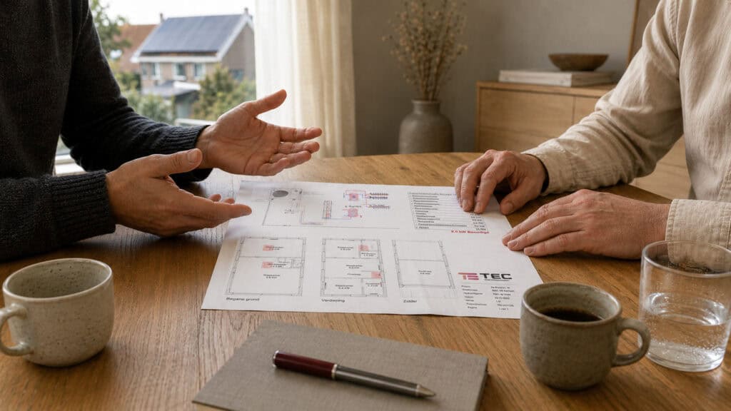 TEC-adviseur legt aan een huiseigenaar de persoonlijke capaciteitsberekening voor een warmtepomp uit aan de keukentafel