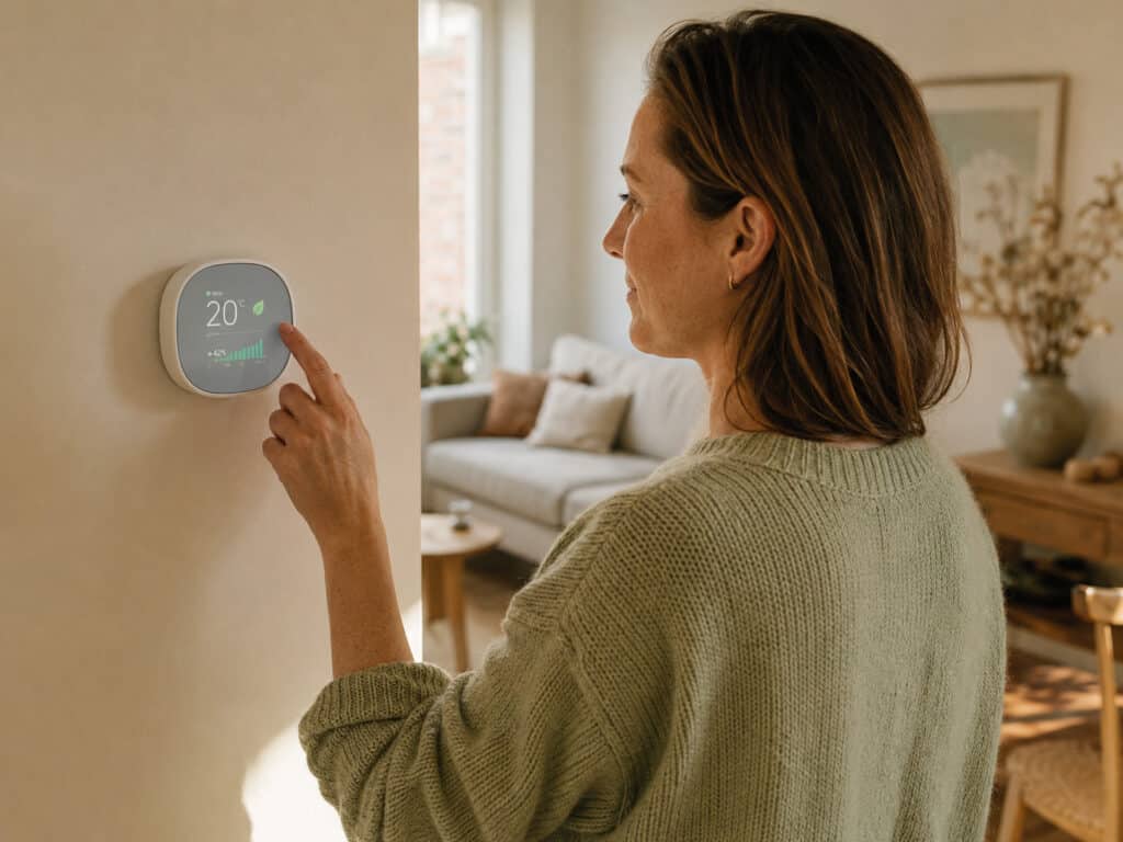 Vrouw bedient een slimme thermostaat in haar woonkamer met zichtbare energiebesparing