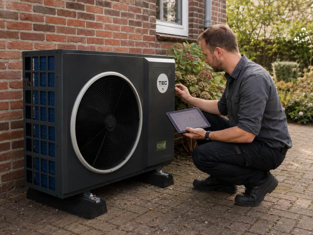 TEC-specialist regelt een warmtepomp in met een tablet voor optimale prestaties