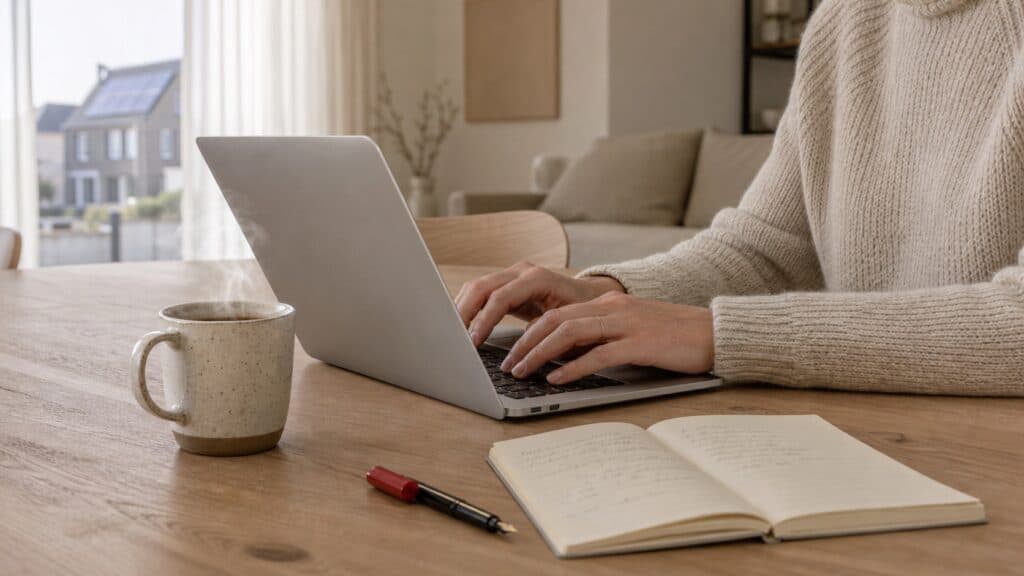 Huiseigenaar verkent online welke warmtepomp past bij haar woning, vanuit een rustige thuiswerkplek