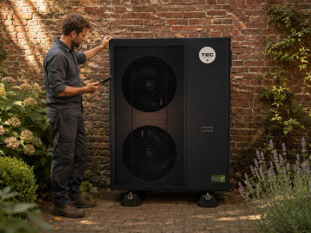 TEC-monteur regelt een HS15 warmtepomp in de tuin van een Nederlandse woning in